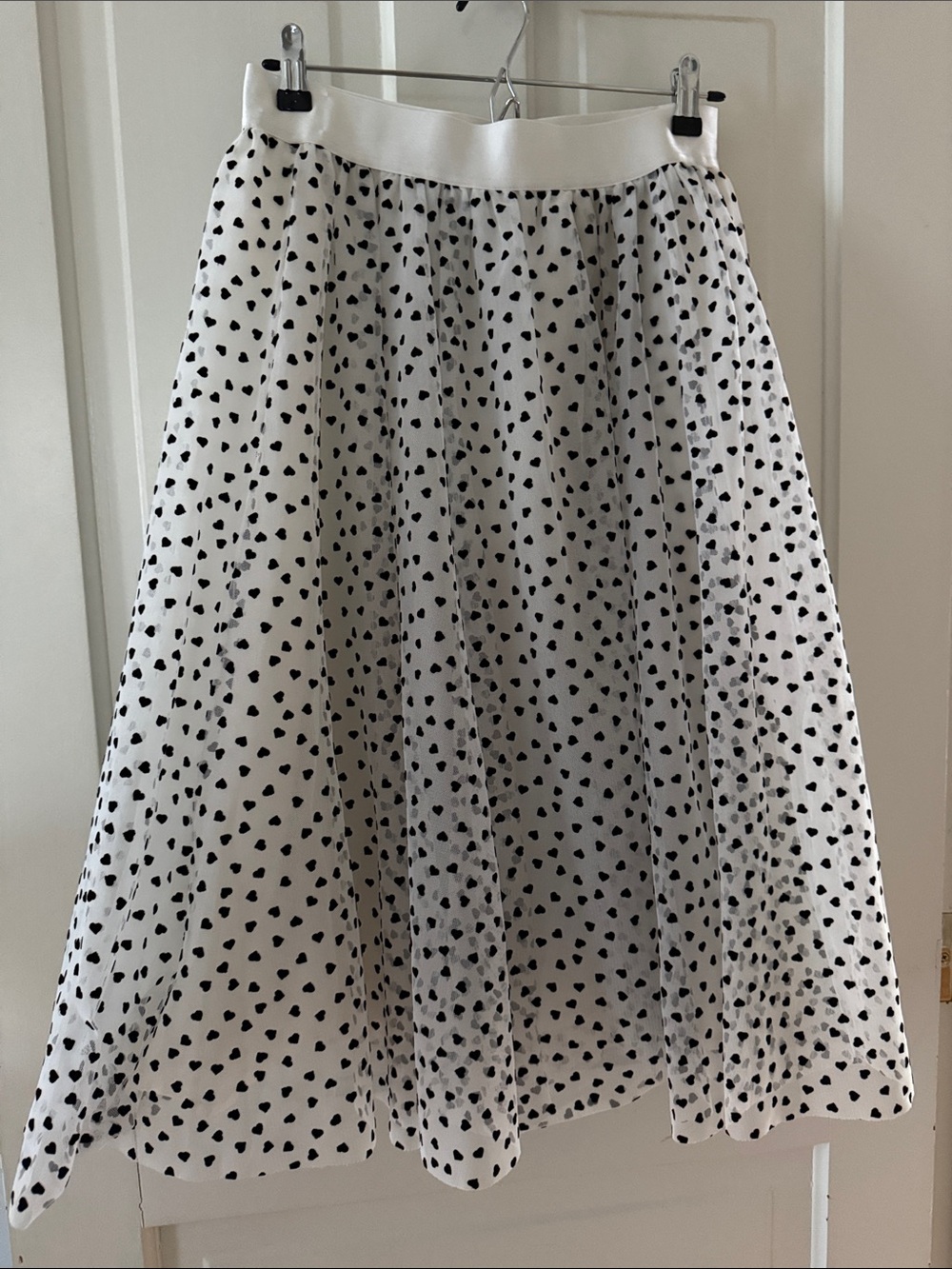 White Tulle Midi Skirt with Black Heart Print